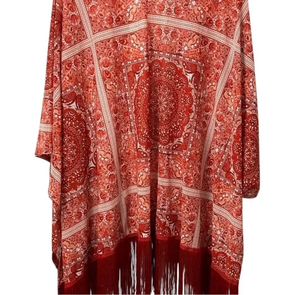 Ember Boho Fringe Kimono Cardigan Red Paisley Bandana Print Open Front Oversized - Picture 6 of 13